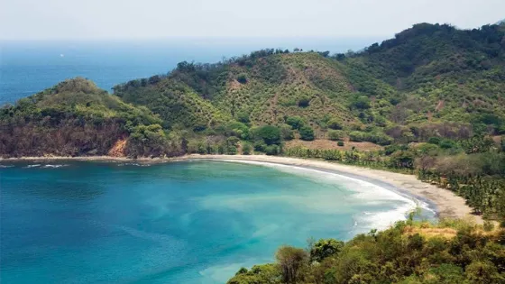 Vista aérea de una playa de arena gris en forma de bahía rodeada de vegetación exuberante y el océano Pacífico, un destino de turismo natural en la costa del Pacífico de Costa Rica